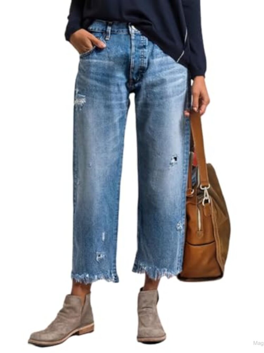 Women's Distressed Crop Ripped Boyfriend Jeans Mid Rise Raw Hem Straight Leg